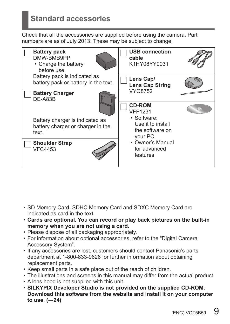 Standard accessories | Panasonic DMC-FZ70K User Manual | Page 9 / 34