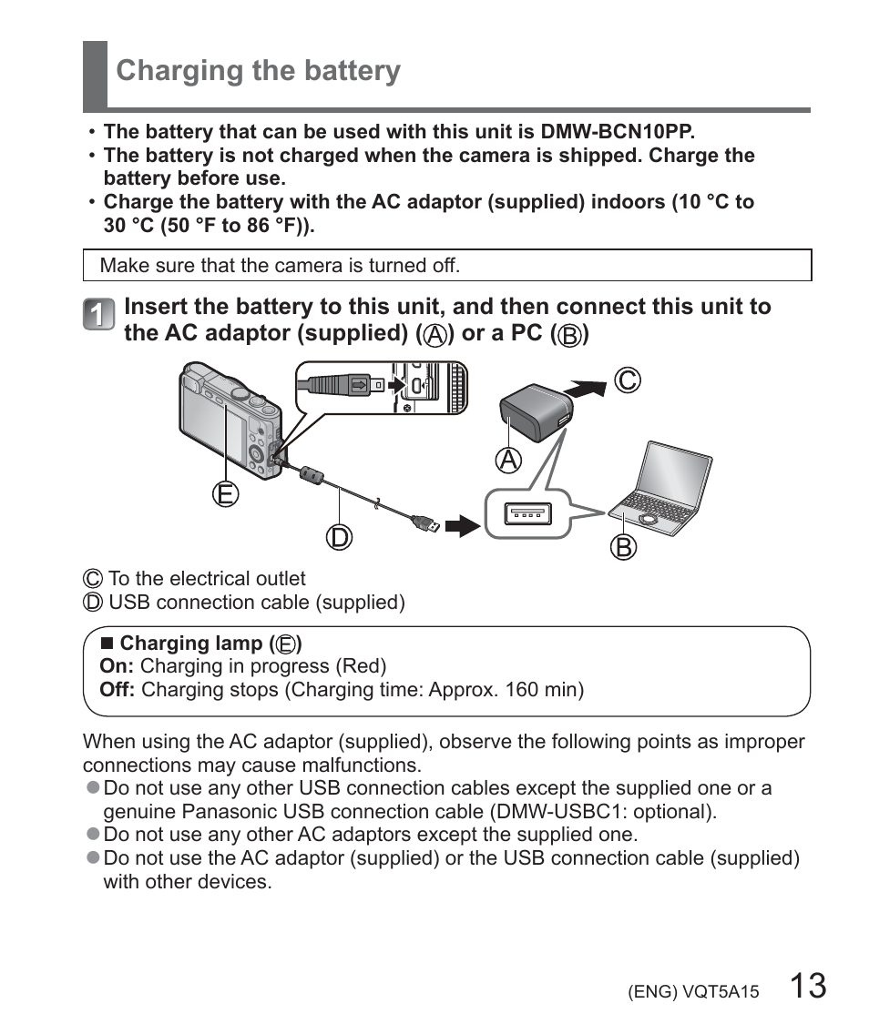 Charging the battery | Panasonic DMC-LF1W User Manual | Page 13 / 39