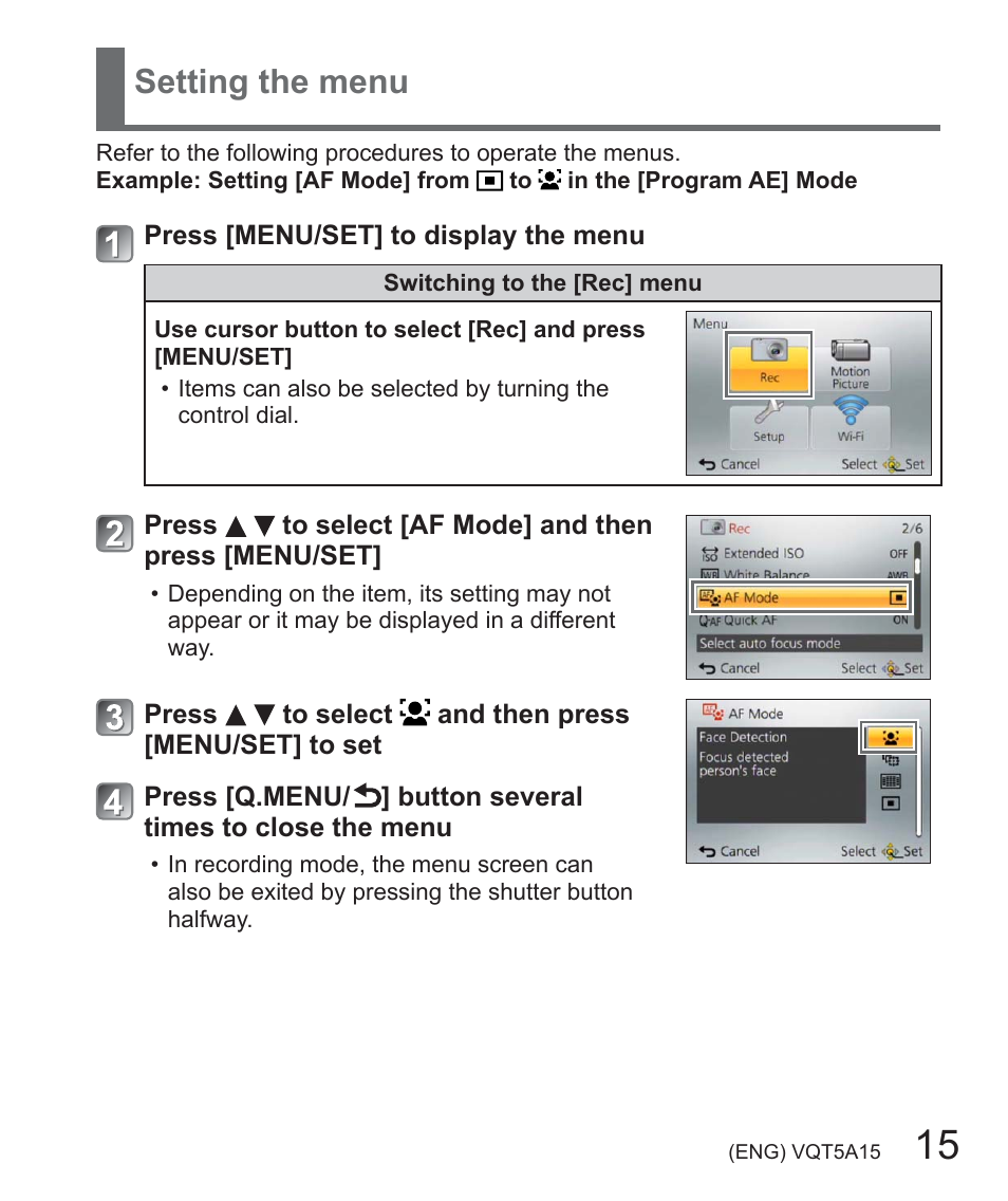 Setting the menu | Panasonic DMC-LF1W User Manual | Page 15 / 39