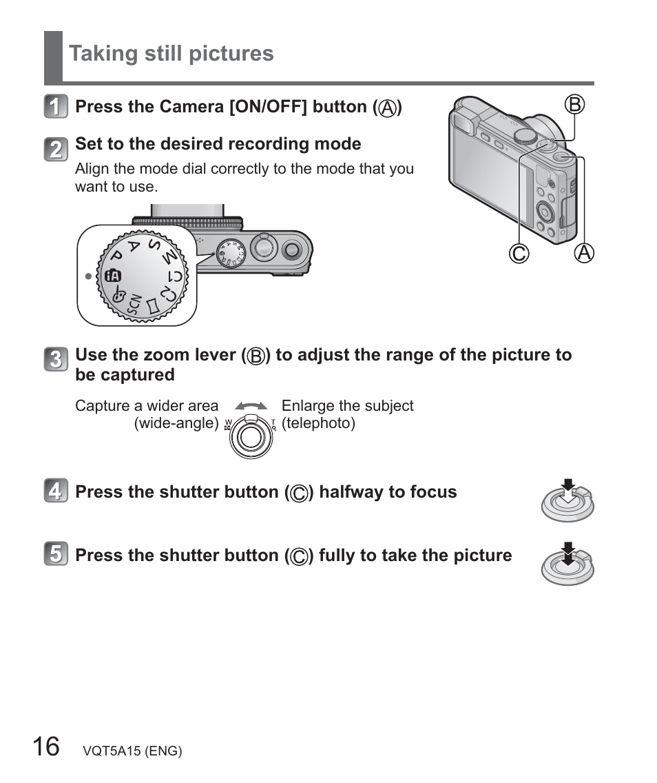 Taking still pictures | Panasonic DMC-LF1W User Manual | Page 16 / 39