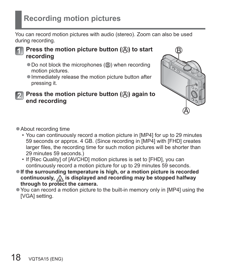 Recording motion pictures | Panasonic DMC-LF1W User Manual | Page 18 / 39