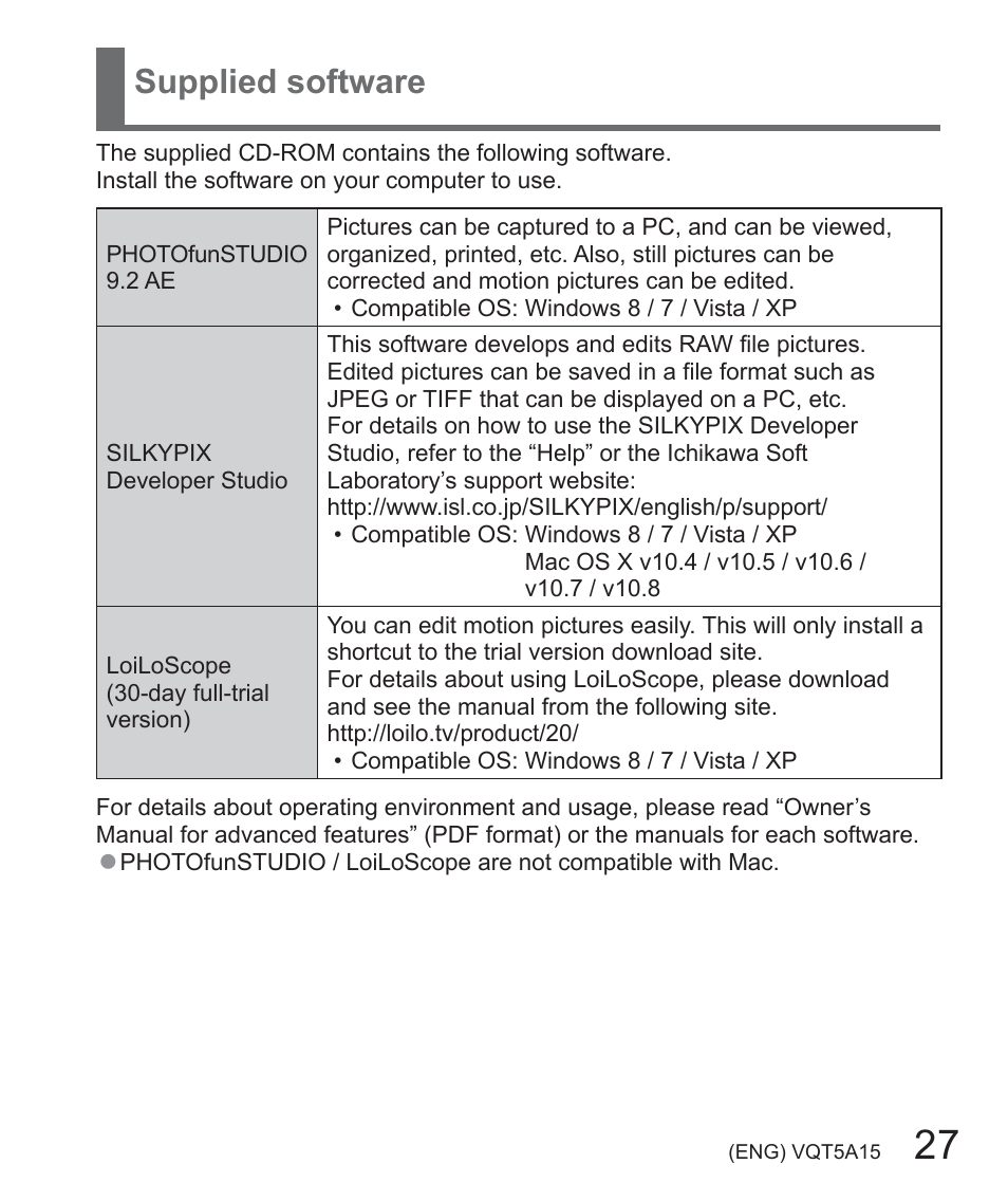 Supplied software | Panasonic DMC-LF1W User Manual | Page 27 / 39