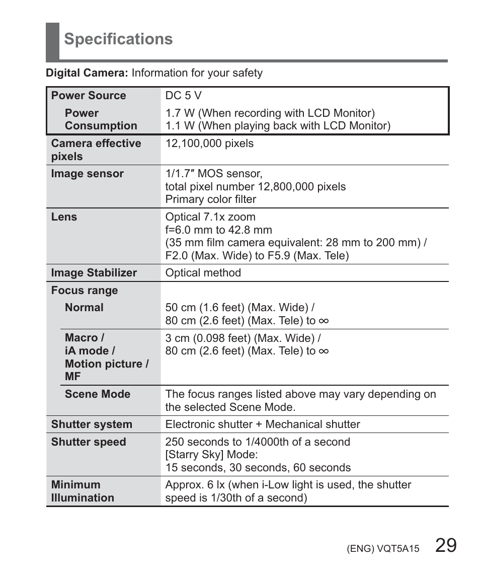 Specifications | Panasonic DMC-LF1W User Manual | Page 29 / 39