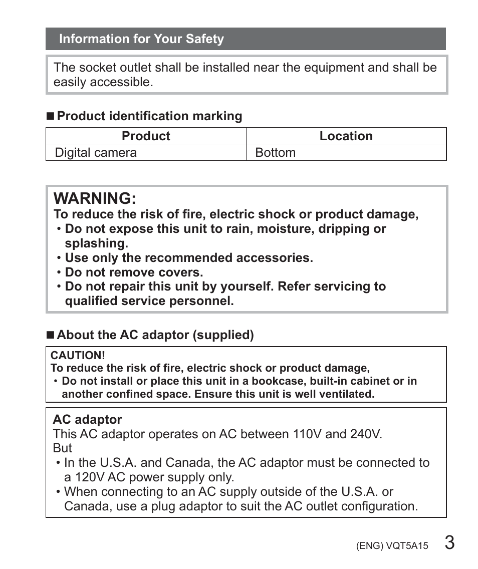 Information for your safety, Warning | Panasonic DMC-LF1W User Manual | Page 3 / 39