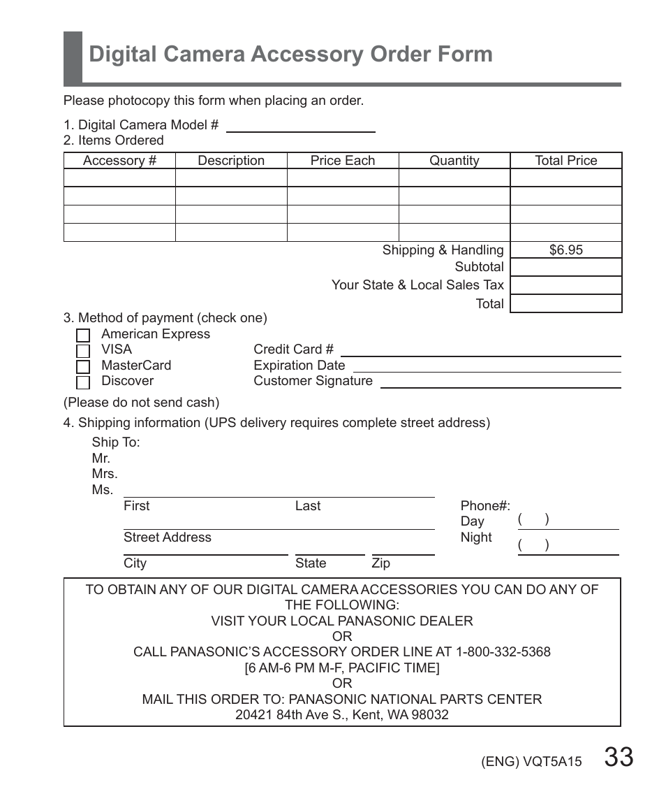 Digital camera accessory order form | Panasonic DMC-LF1W User Manual | Page 33 / 39