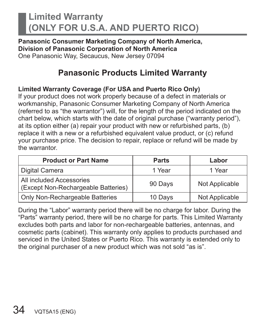 Limited warranty (only for u.s.a. and puerto rico), Panasonic products limited warranty | Panasonic DMC-LF1W User Manual | Page 34 / 39