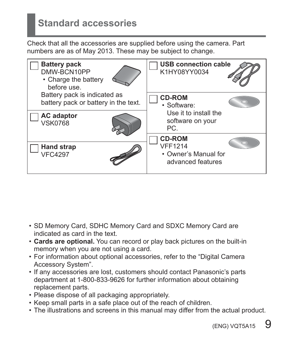 Standard accessories | Panasonic DMC-LF1W User Manual | Page 9 / 39