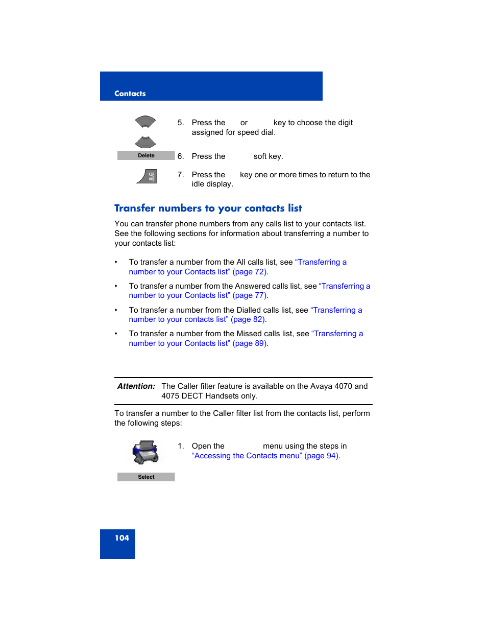 Transfer numbers to your contacts list | Avaya 4075 User Manual | Page 104 / 252