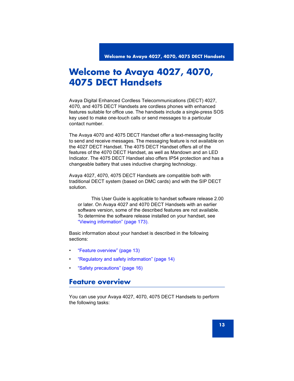 Welcome to avaya 4027, 4070, 4075 dect handsets, Feature overview | Avaya 4075 User Manual | Page 13 / 252