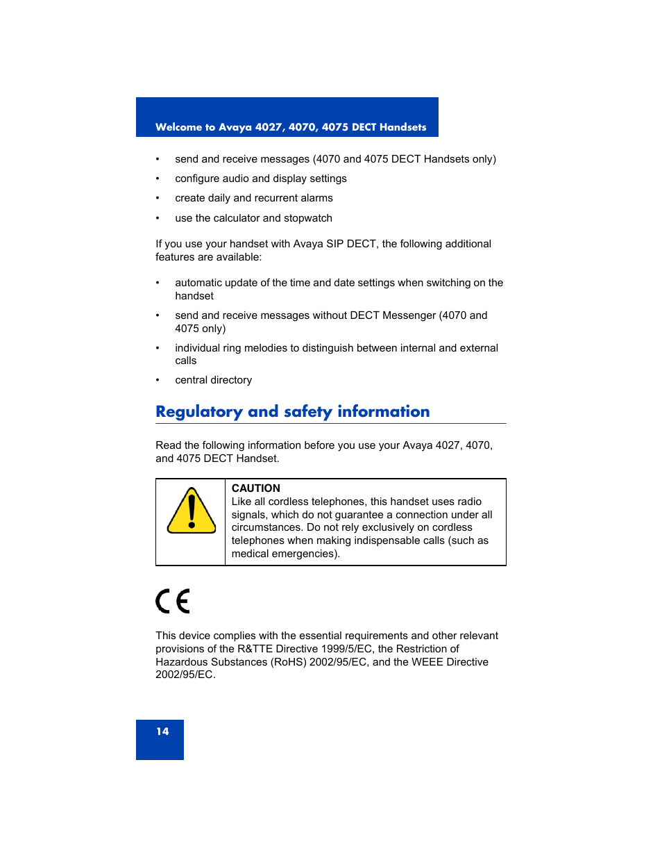 Regulatory and safety information | Avaya 4075 User Manual | Page 14 / 252