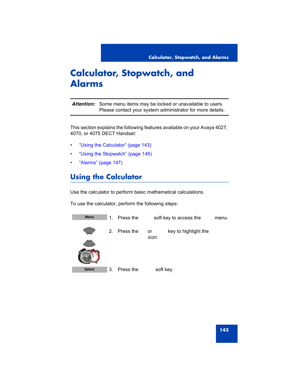 Calculator, stopwatch, and alarms, Using the calculator | Avaya 4075 User Manual | Page 143 / 252