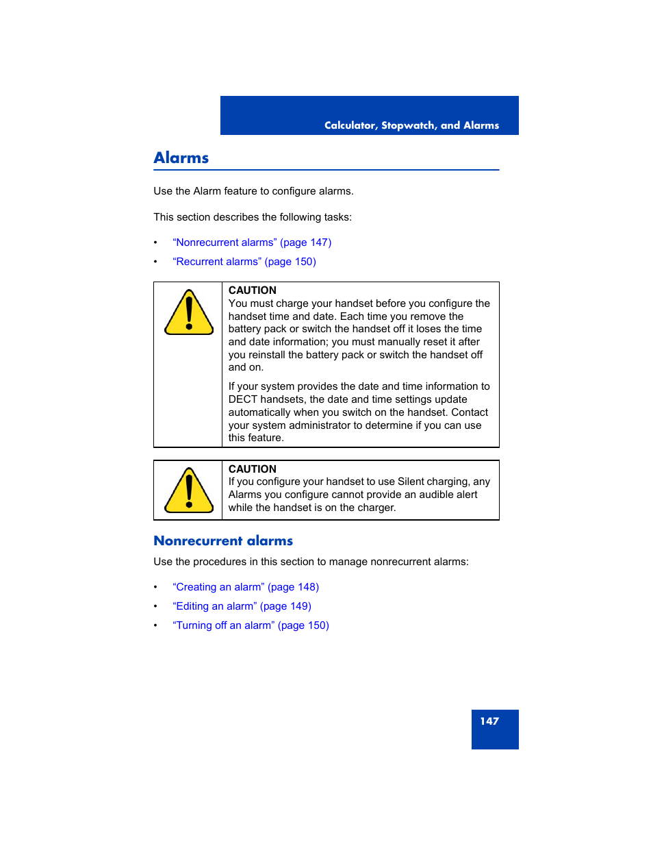 Alarms, Nonrecurrent alarms | Avaya 4075 User Manual | Page 147 / 252