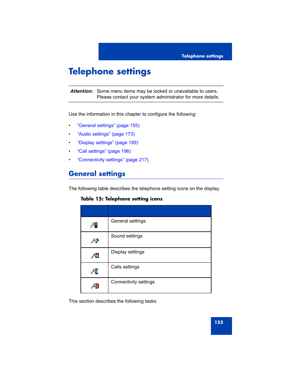 Telephone settings, General settings | Avaya 4075 User Manual | Page 155 / 252