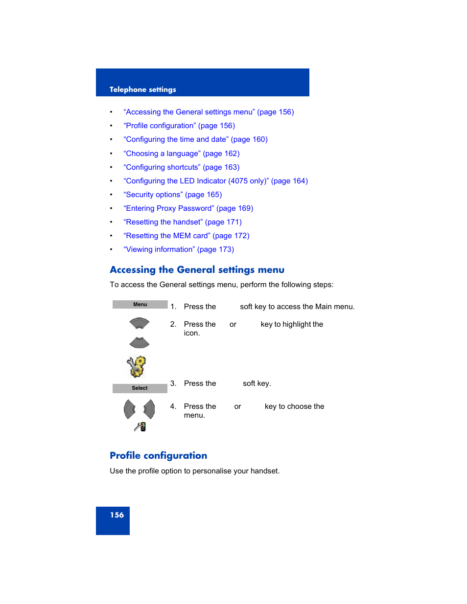 Accessing the general settings menu, Profile configuration | Avaya 4075 User Manual | Page 156 / 252