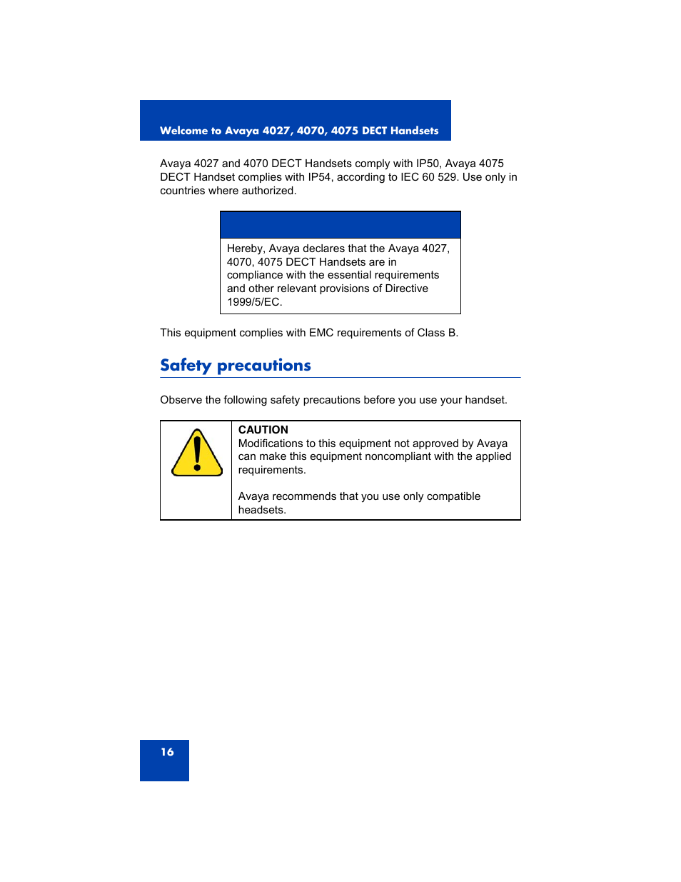 Safety precautions | Avaya 4075 User Manual | Page 16 / 252