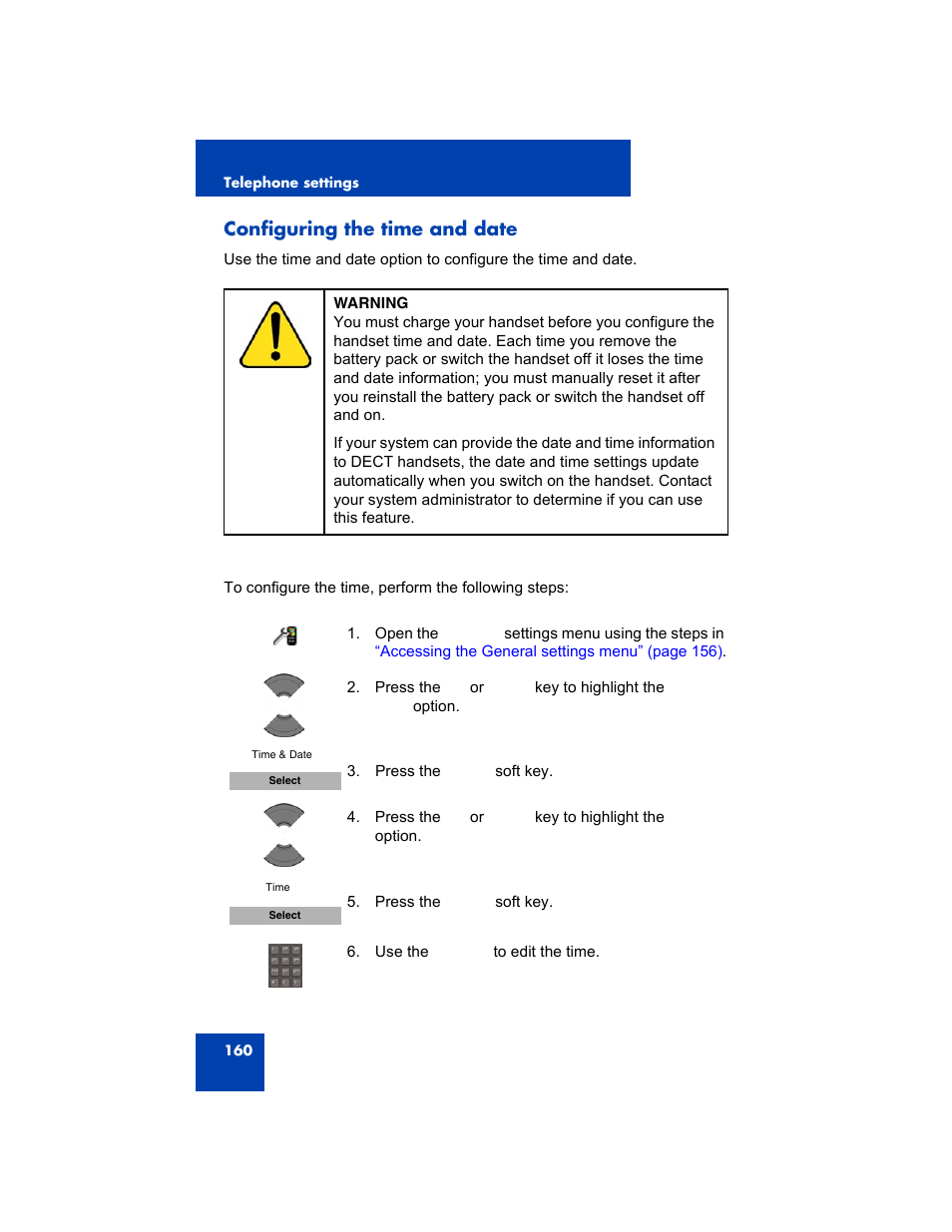 Configuring the time and date | Avaya 4075 User Manual | Page 160 / 252