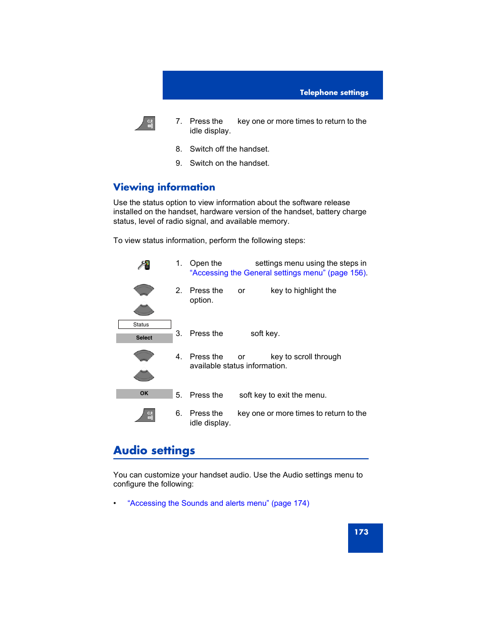 Viewing information, Audio settings | Avaya 4075 User Manual | Page 173 / 252