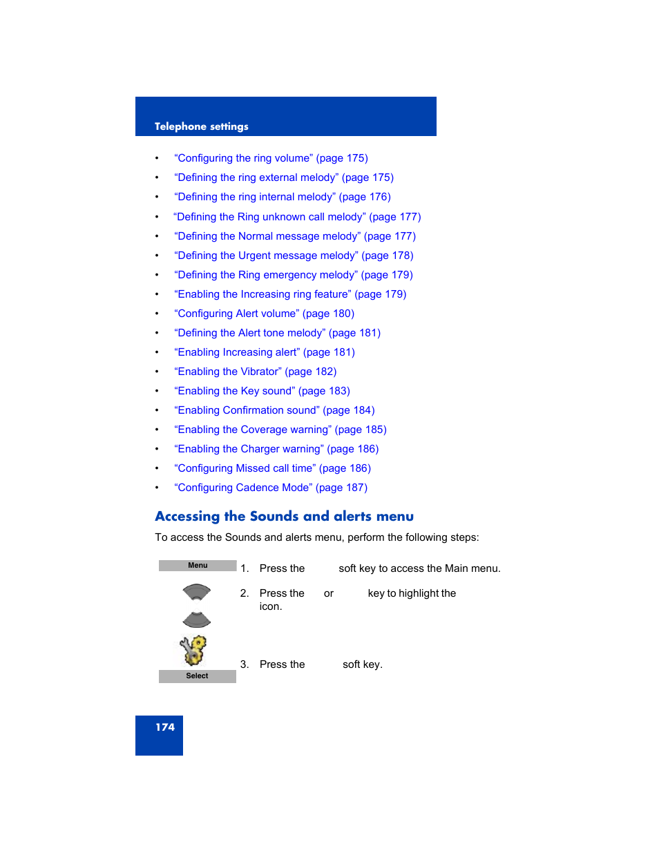 Accessing the sounds and alerts menu | Avaya 4075 User Manual | Page 174 / 252