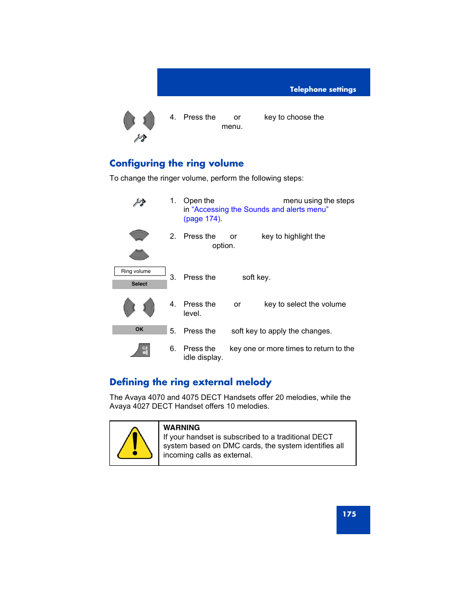 Configuring the ring volume, Defining the ring external melody | Avaya 4075 User Manual | Page 175 / 252