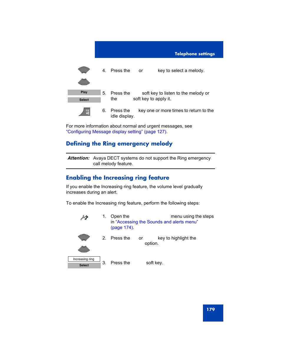 Defining the ring emergency melody, Enabling the increasing ring feature | Avaya 4075 User Manual | Page 179 / 252
