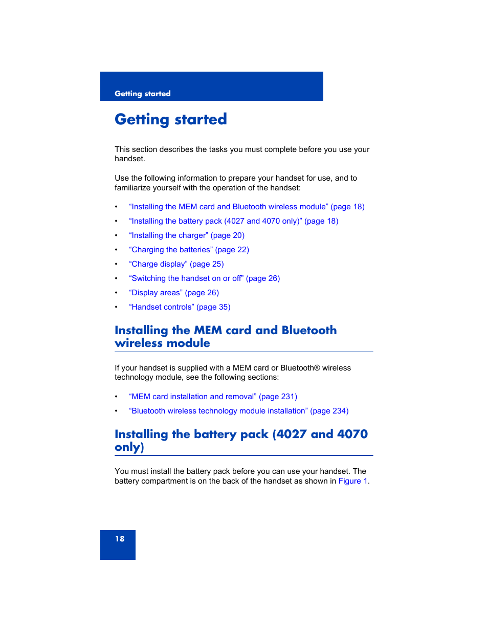 Getting started, Installing the battery pack (4027 and 4070 only) | Avaya 4075 User Manual | Page 18 / 252