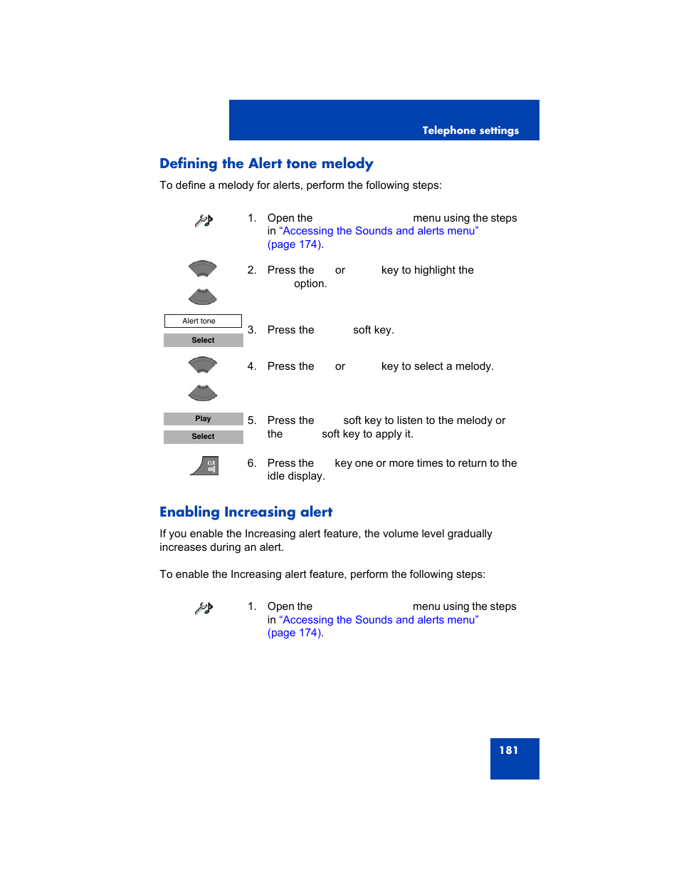 Defining the alert tone melody, Enabling increasing alert | Avaya 4075 User Manual | Page 181 / 252