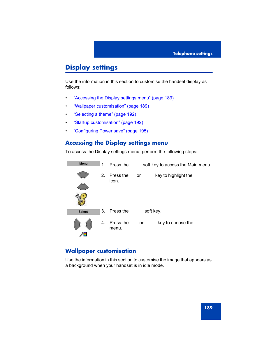 Display settings, Accessing the display settings menu, Wallpaper customisation | Avaya 4075 User Manual | Page 189 / 252