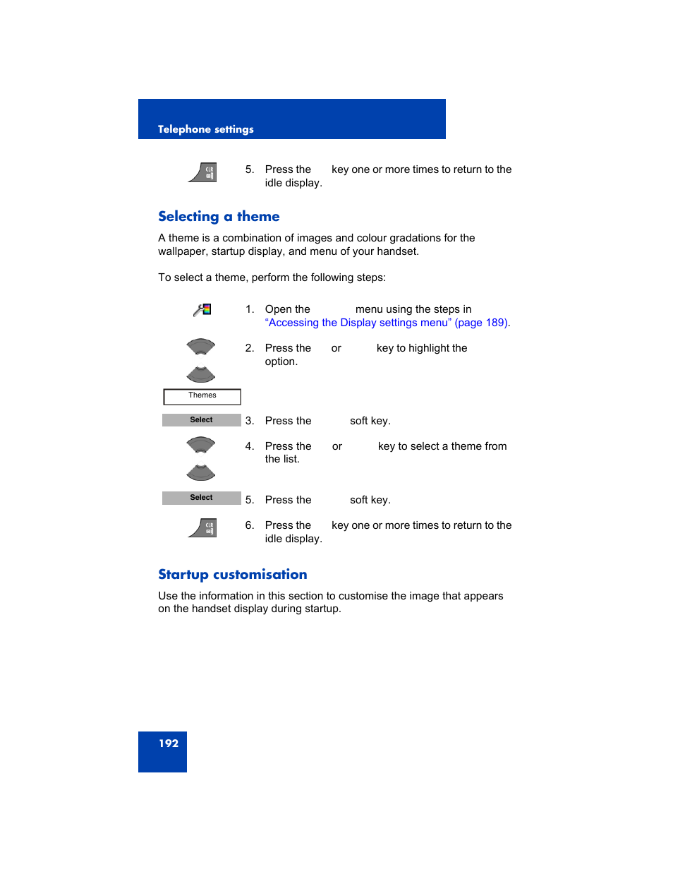 Selecting a theme, Startup customisation | Avaya 4075 User Manual | Page 192 / 252