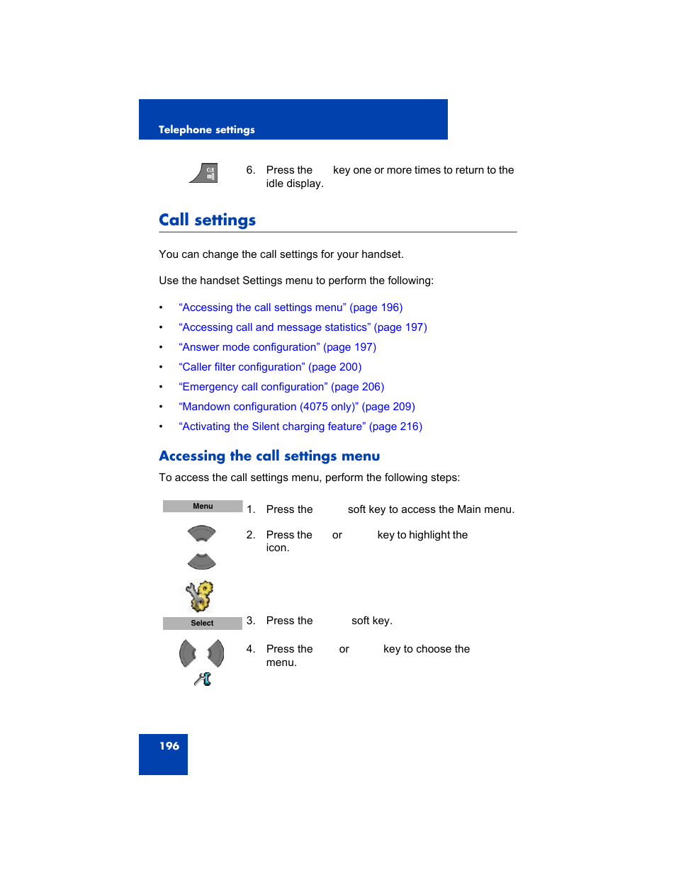 Call settings, Accessing the call settings menu | Avaya 4075 User Manual | Page 196 / 252