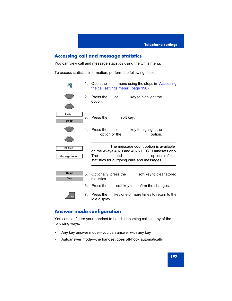 Accessing call and message statistics, Answer mode configuration | Avaya 4075 User Manual | Page 197 / 252