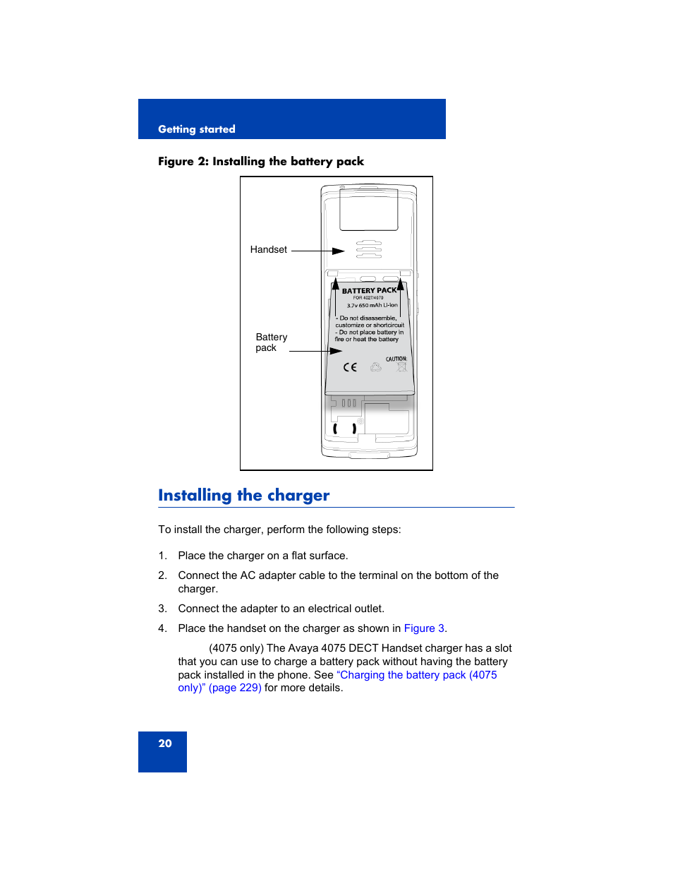 Installing the charger | Avaya 4075 User Manual | Page 20 / 252
