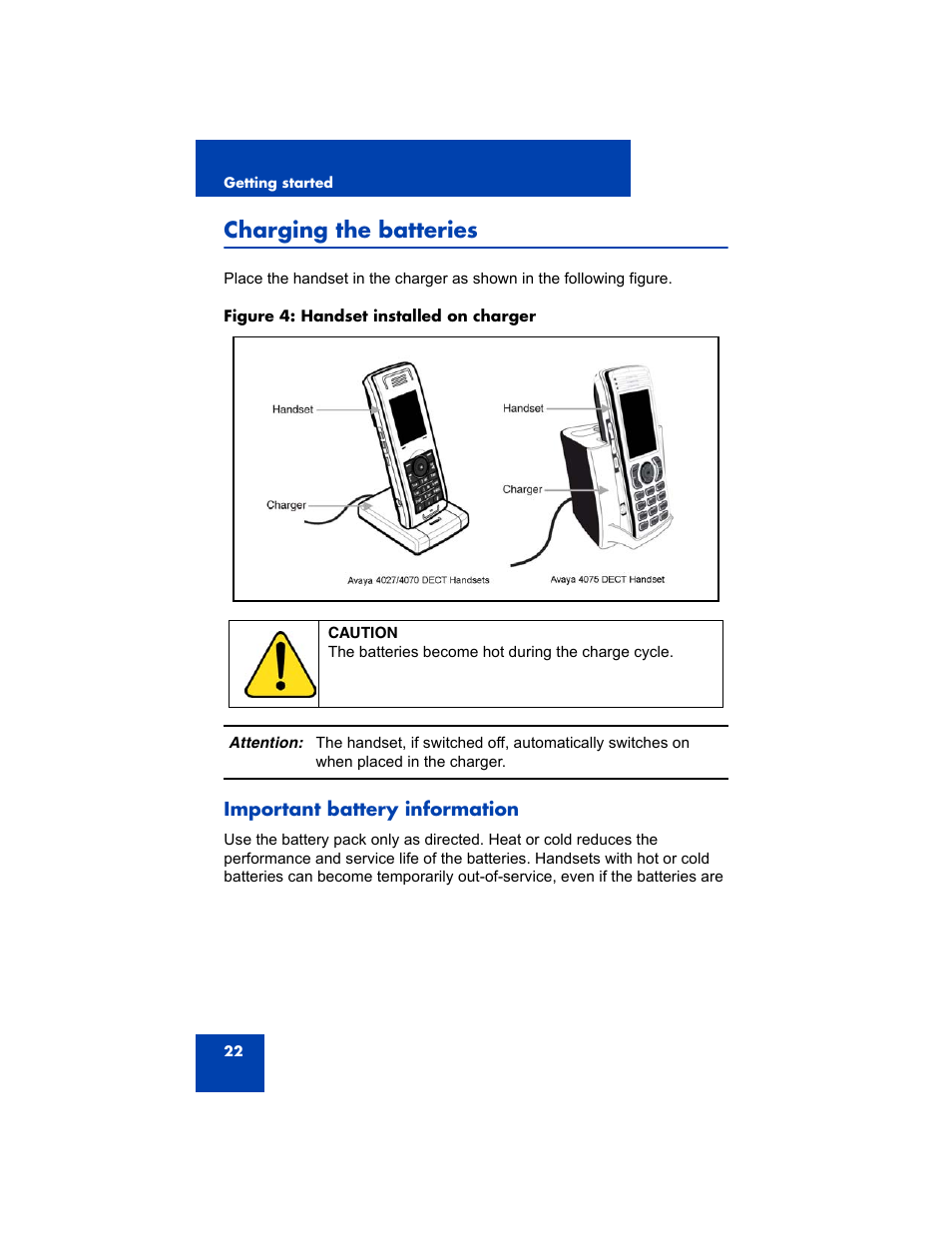 Charging the batteries, Important battery information | Avaya 4075 User Manual | Page 22 / 252