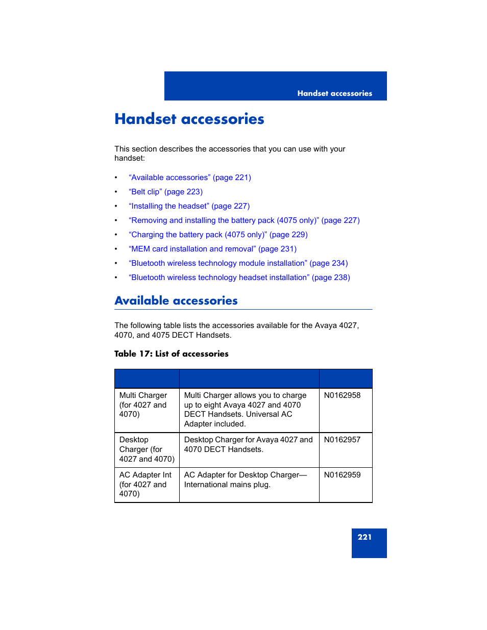 Handset accessories, Available accessories | Avaya 4075 User Manual | Page 221 / 252