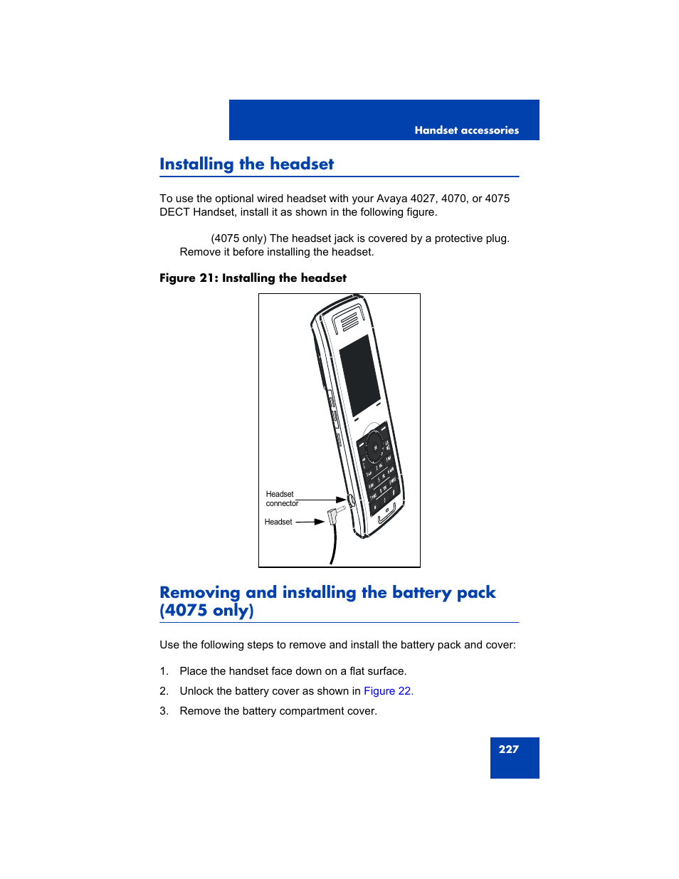 Installing the headset | Avaya 4075 User Manual | Page 227 / 252