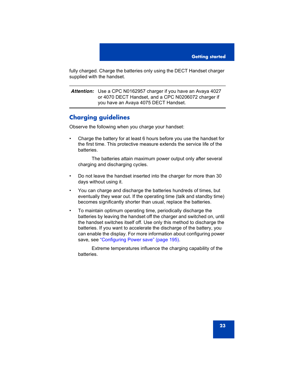 Charging guidelines | Avaya 4075 User Manual | Page 23 / 252