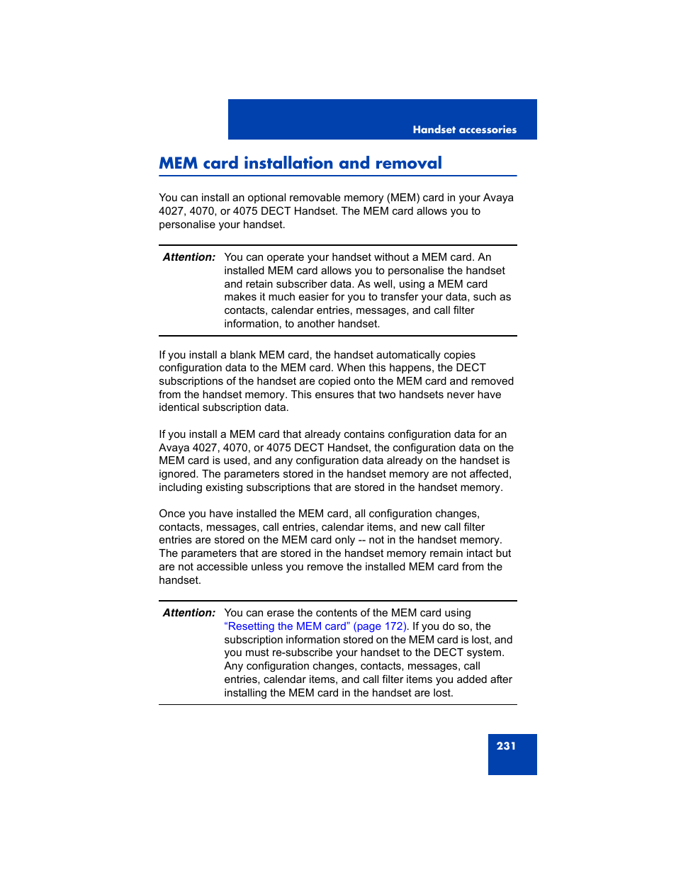 Mem card installation and removal, Mem card installation and | Avaya 4075 User Manual | Page 231 / 252