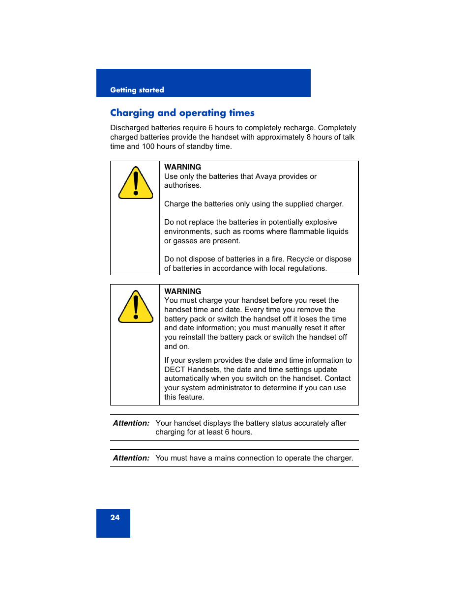 Charging and operating times | Avaya 4075 User Manual | Page 24 / 252
