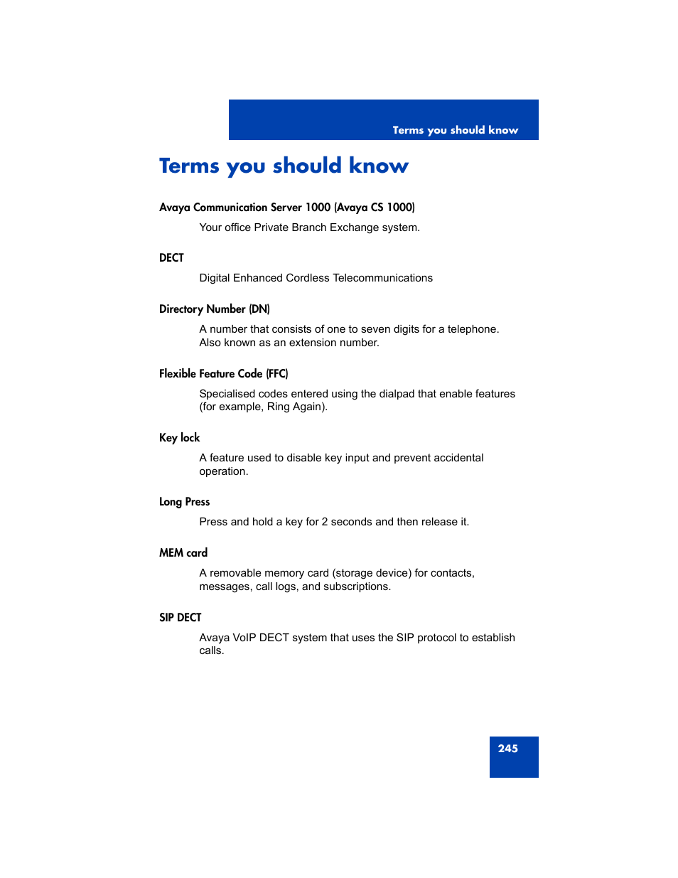 Terms you should know | Avaya 4075 User Manual | Page 245 / 252