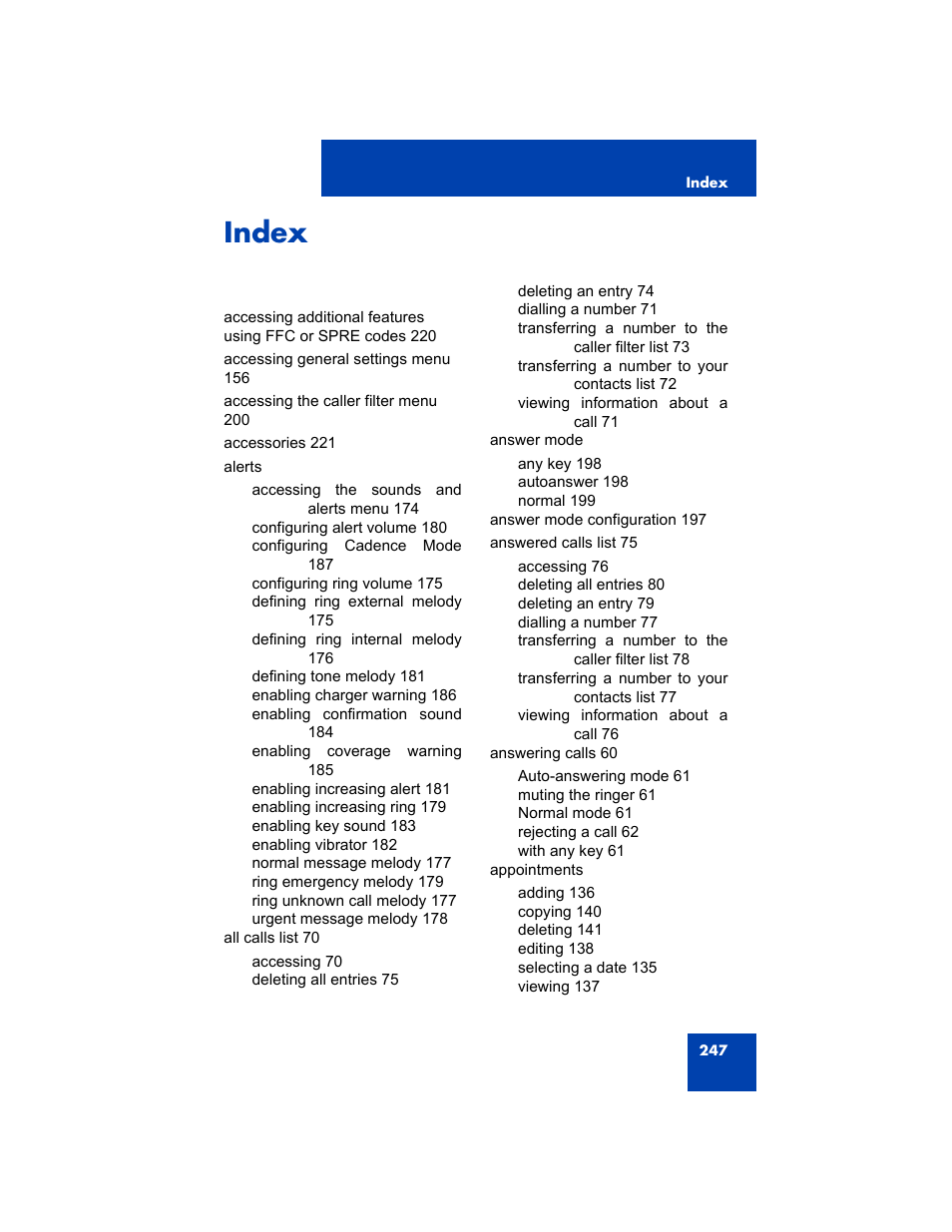 Index | Avaya 4075 User Manual | Page 247 / 252