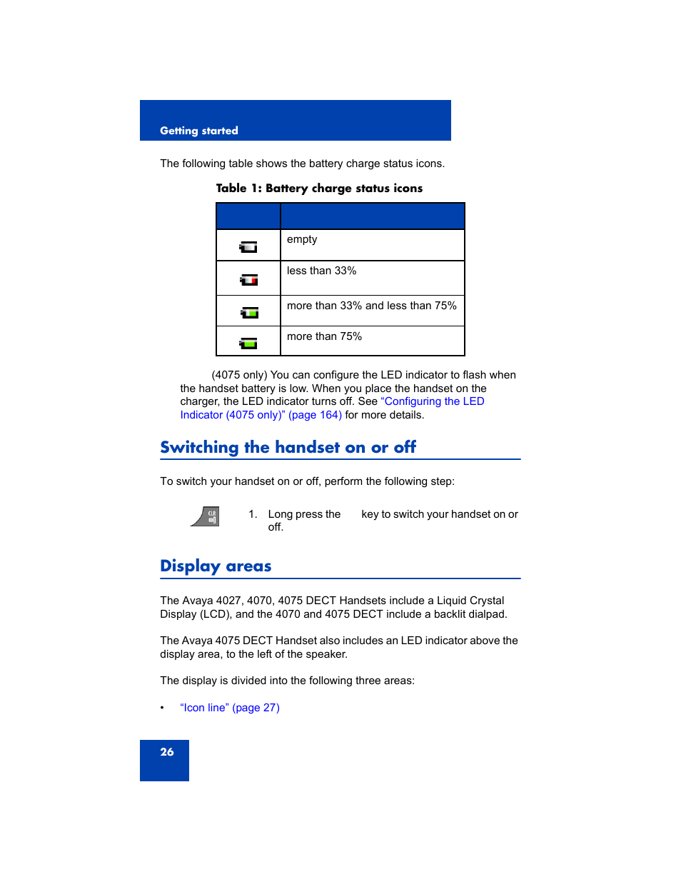 Switching the handset on or off, Display areas | Avaya 4075 User Manual | Page 26 / 252