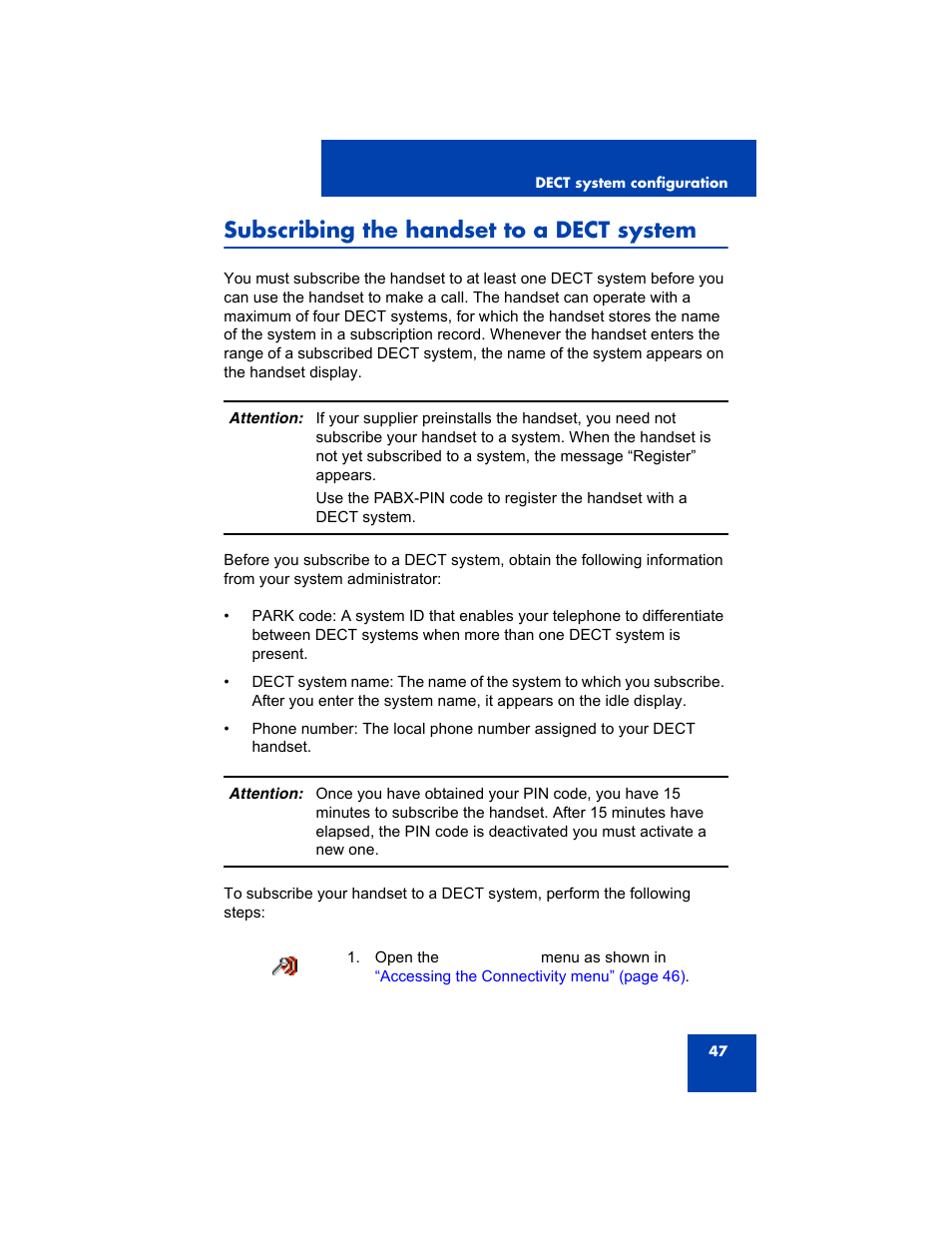 Subscribing the handset to a dect system | Avaya 4075 User Manual | Page 47 / 252