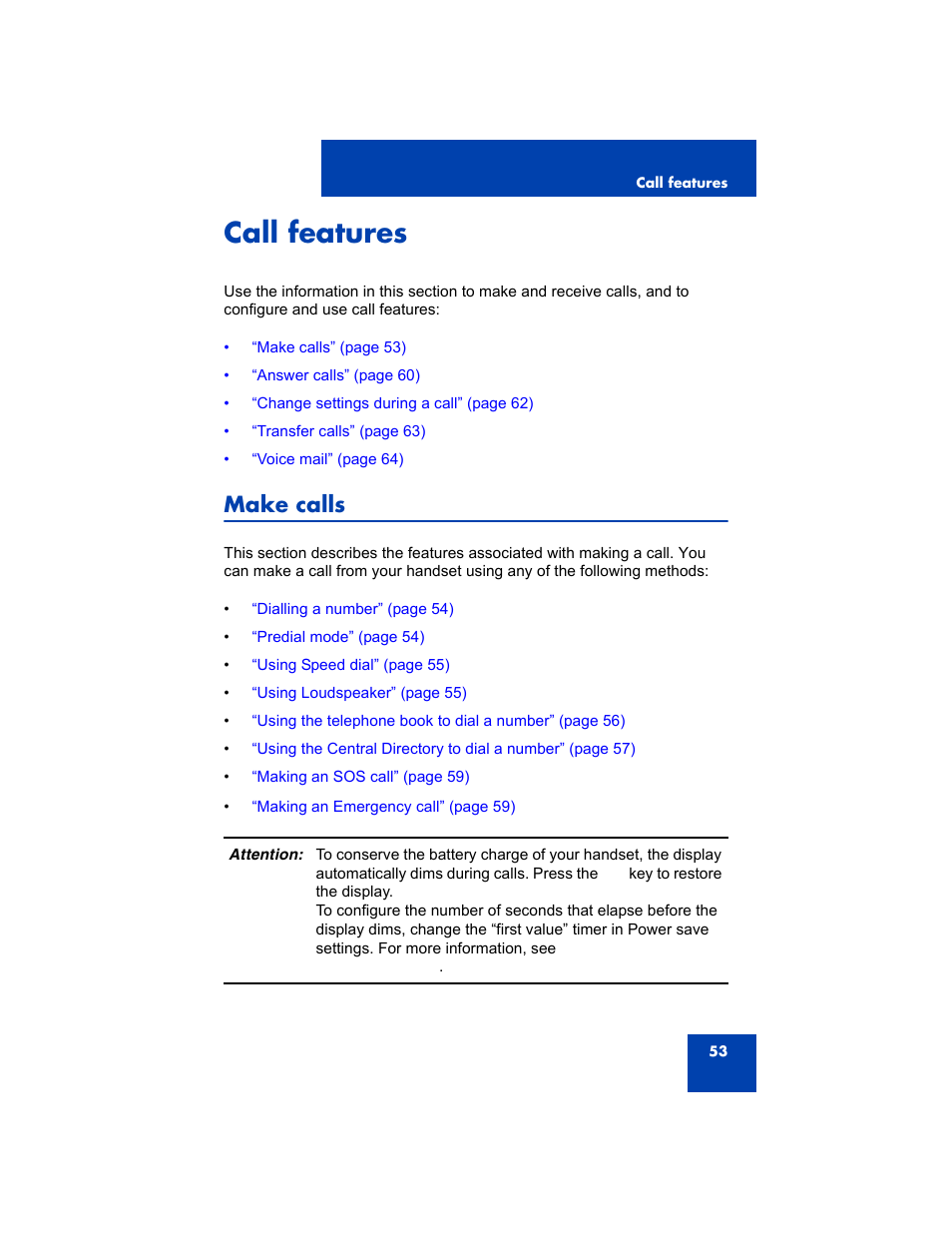 Call features, Make calls | Avaya 4075 User Manual | Page 53 / 252