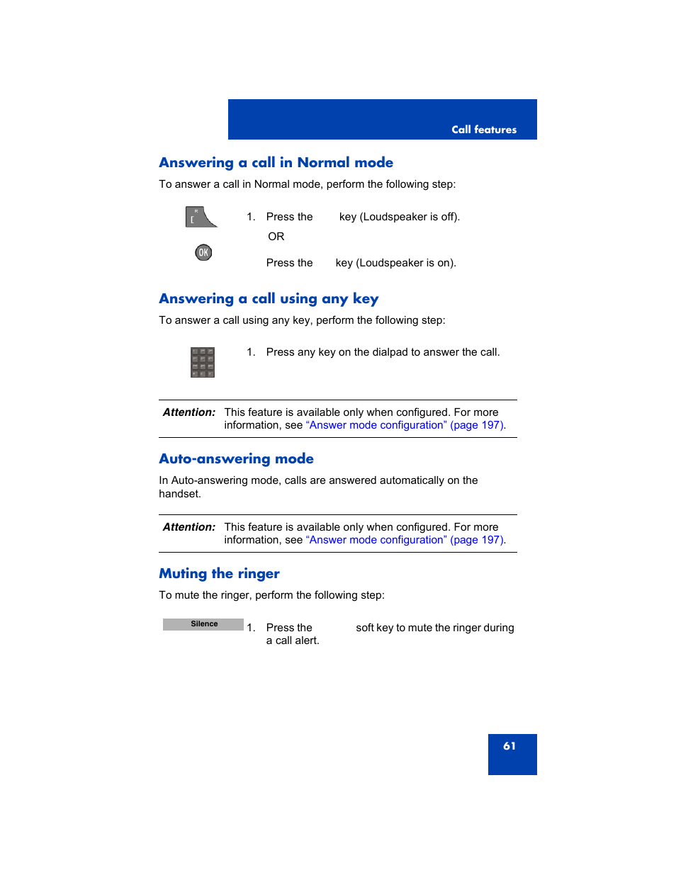Answering a call in normal mode, Answering a call using any key, Auto-answering mode | Muting the ringer | Avaya 4075 User Manual | Page 61 / 252