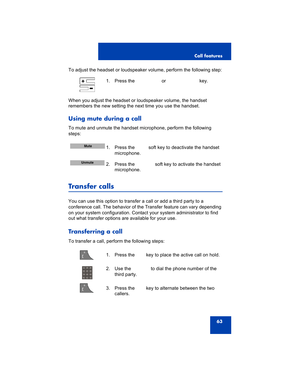 Using mute during a call, Transfer calls, Transferring a call | Avaya 4075 User Manual | Page 63 / 252