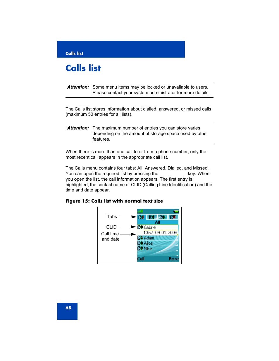 Calls list | Avaya 4075 User Manual | Page 68 / 252
