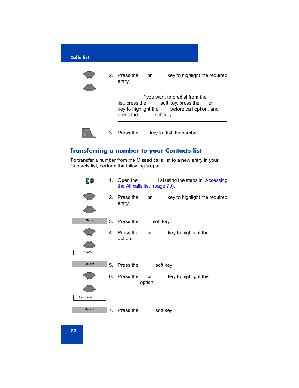 Transferring a number to your contacts list | Avaya 4075 User Manual | Page 72 / 252