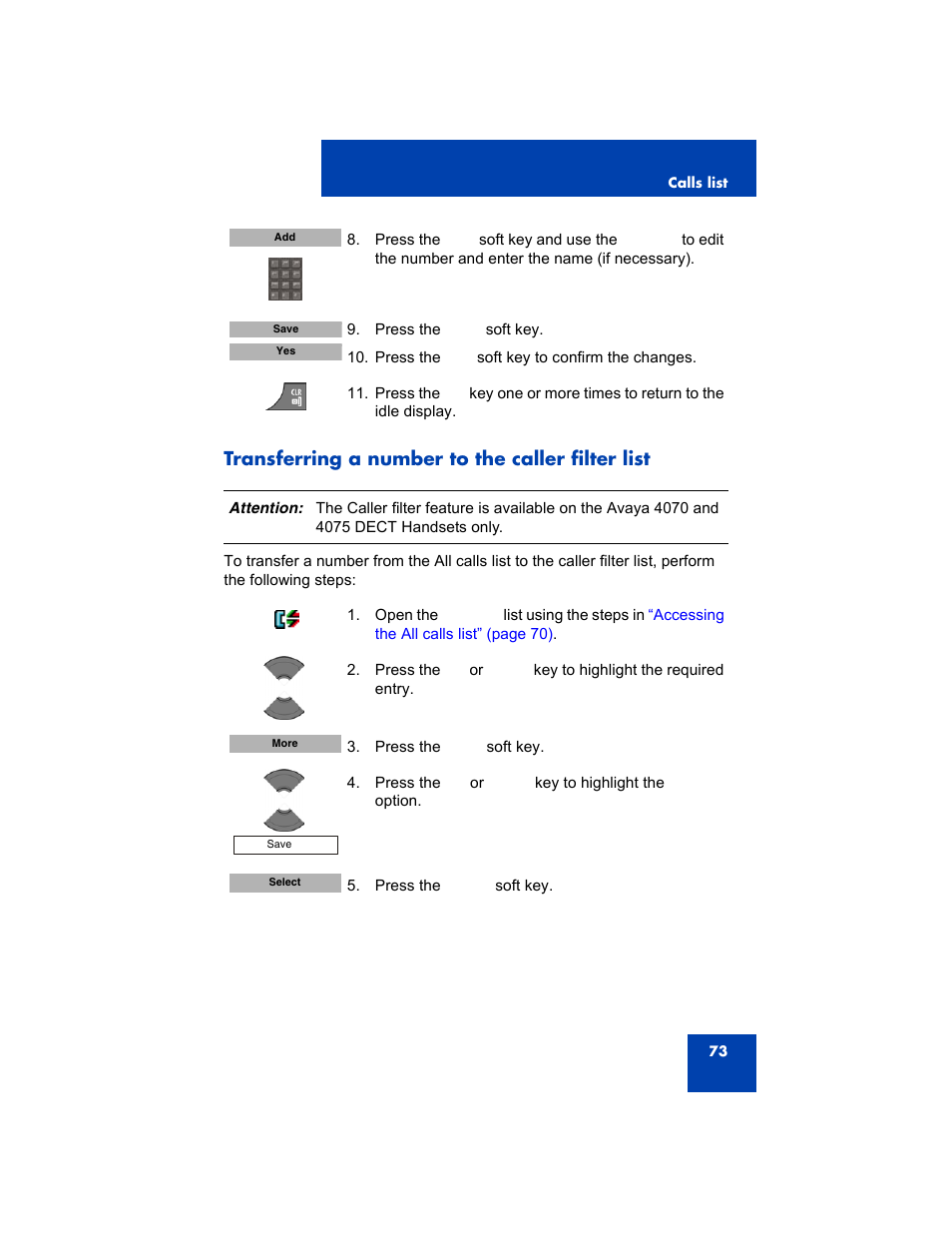 Transferring a number to the caller filter list | Avaya 4075 User Manual | Page 73 / 252