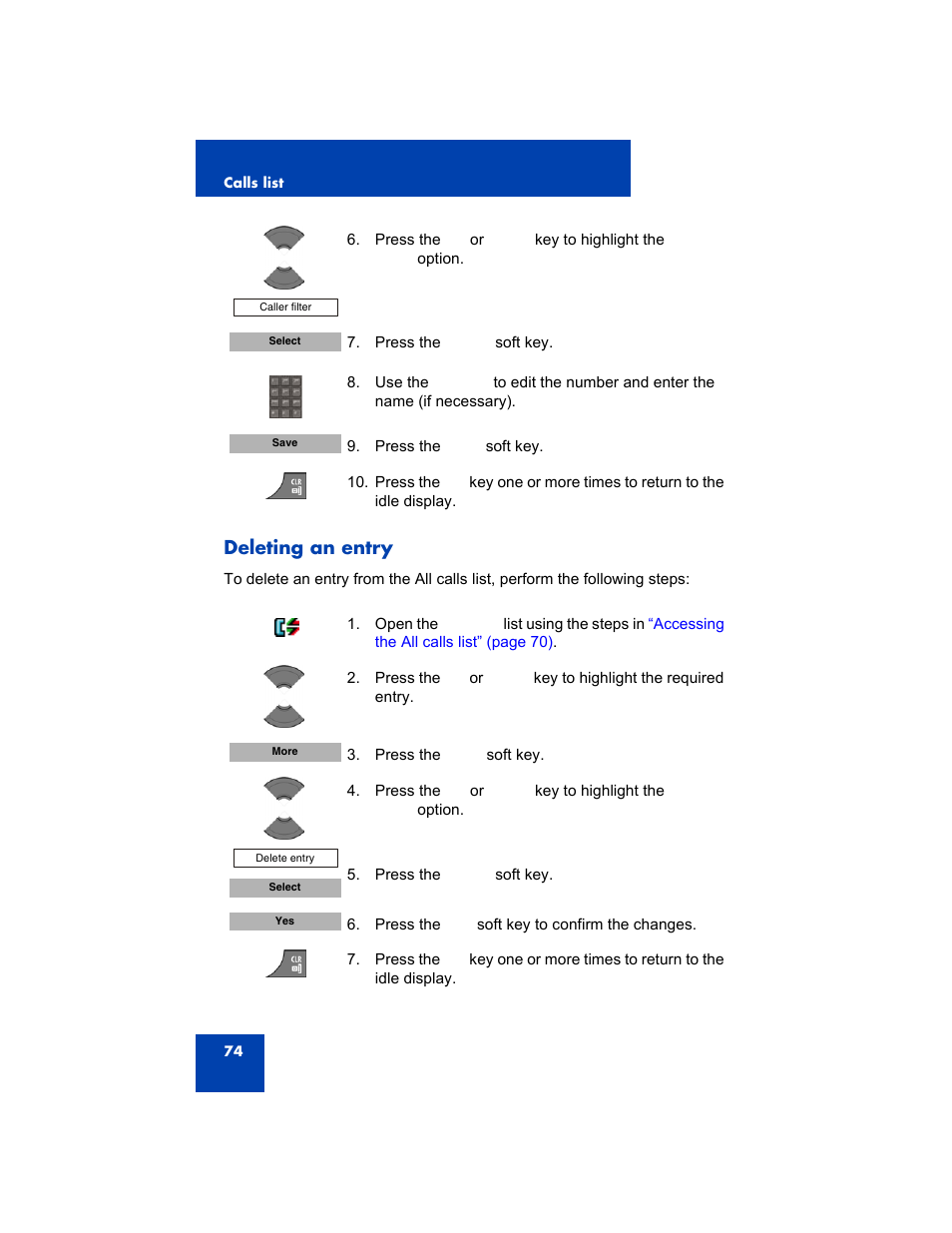 Deleting an entry | Avaya 4075 User Manual | Page 74 / 252