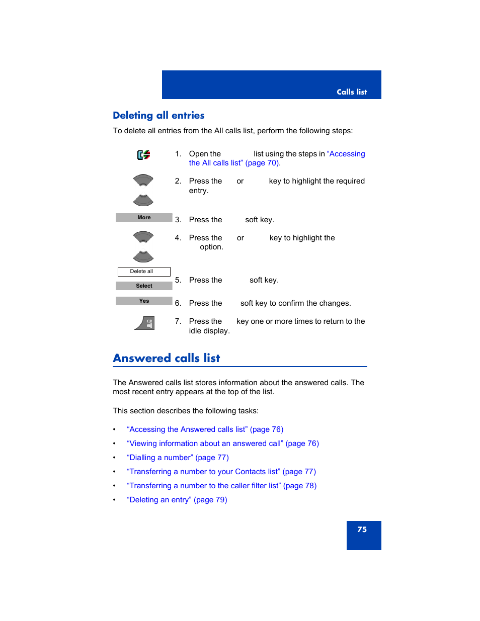 Deleting all entries, Answered calls list | Avaya 4075 User Manual | Page 75 / 252