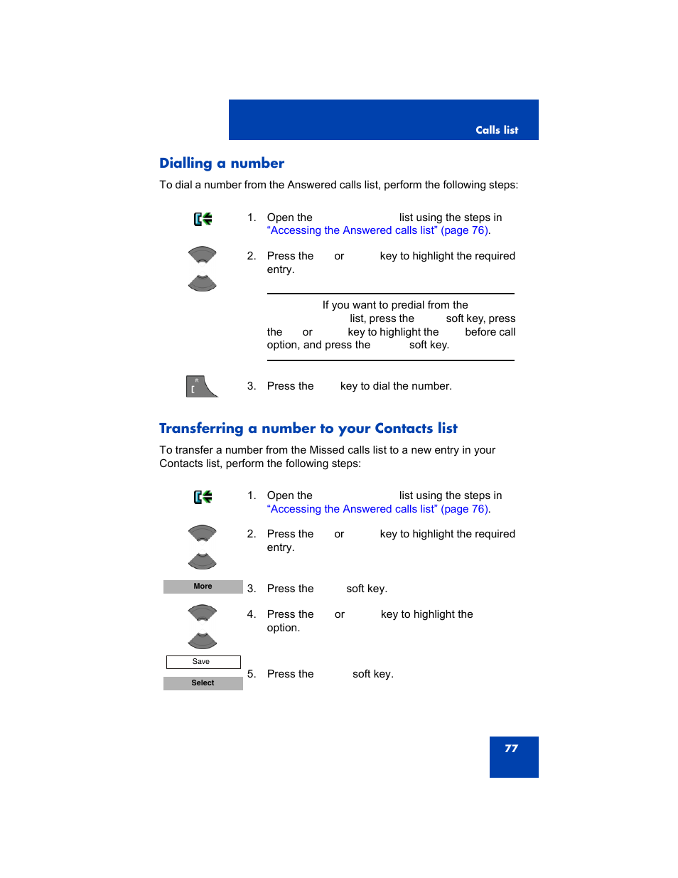 Dialling a number, Transferring a number to your contacts list | Avaya 4075 User Manual | Page 77 / 252